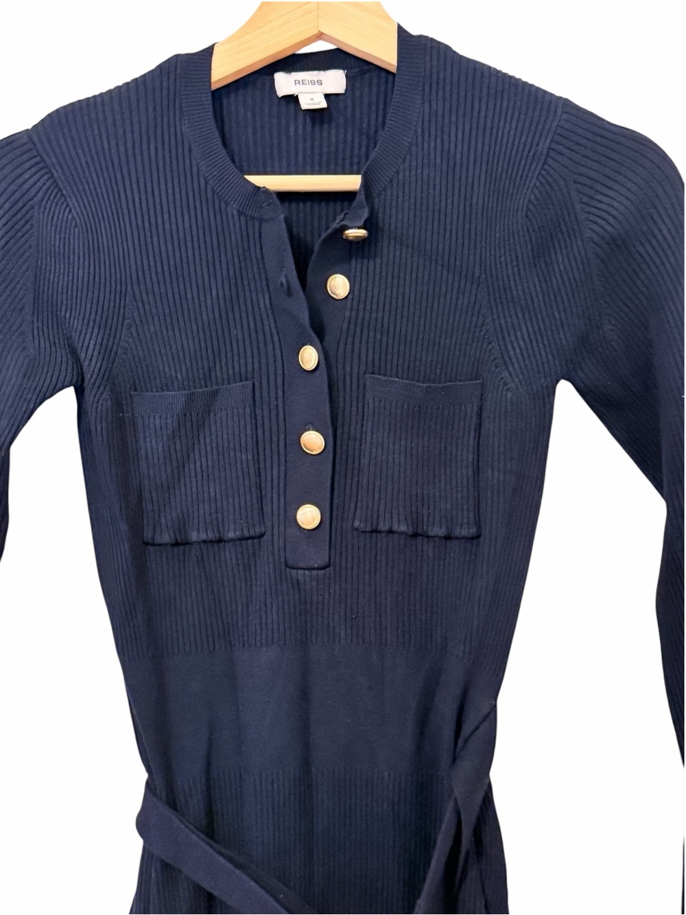 REISS Willa Ribbed Midi Dress Navy Long-Sleeve Maxi Dress with Belt - Picture 7 of 11